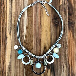 Chico's Silver Toned Gemstone and Bead Statement Bib Necklace